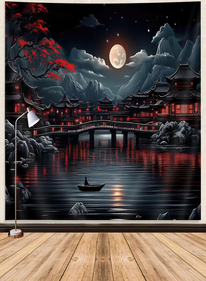 GOAOK Japanese Anime Tapestry, Cool Red and Black Dark Nature Mountain Riverside Full Moon Landscape Aesthetic Tapestry for Men, Asia Japanese Art Tapestries for Bedroom Living Room College, 80"X60" - Image 1